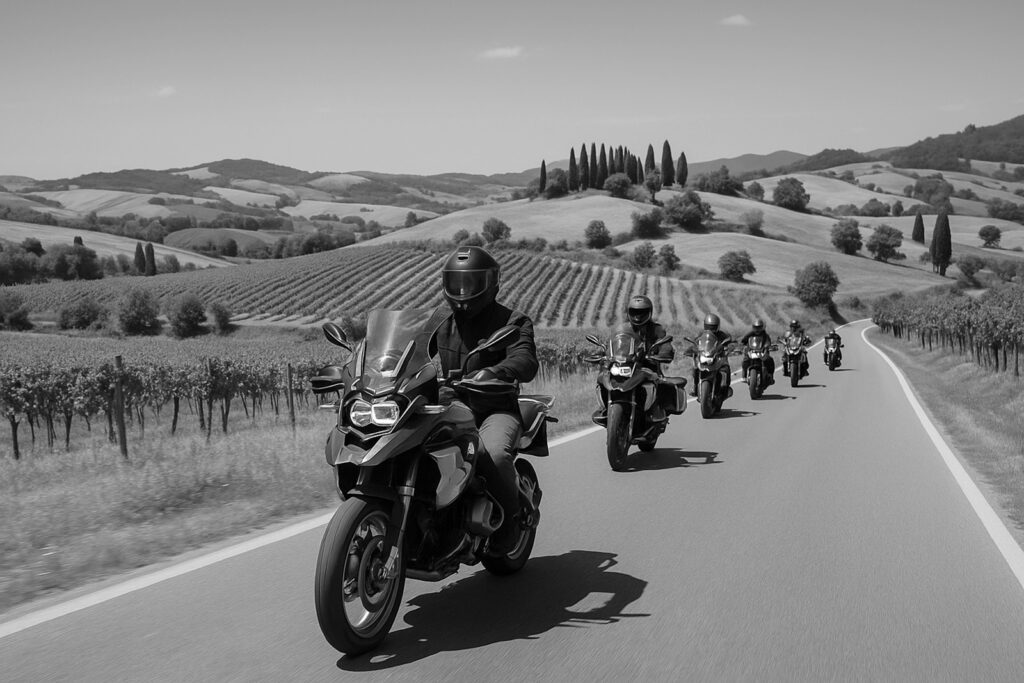 Eine Gruppe von Motorradfahrern bei einer geführten Motorradtour von MOTO e GUSTO, unterwegs in der Emilia-Romagna