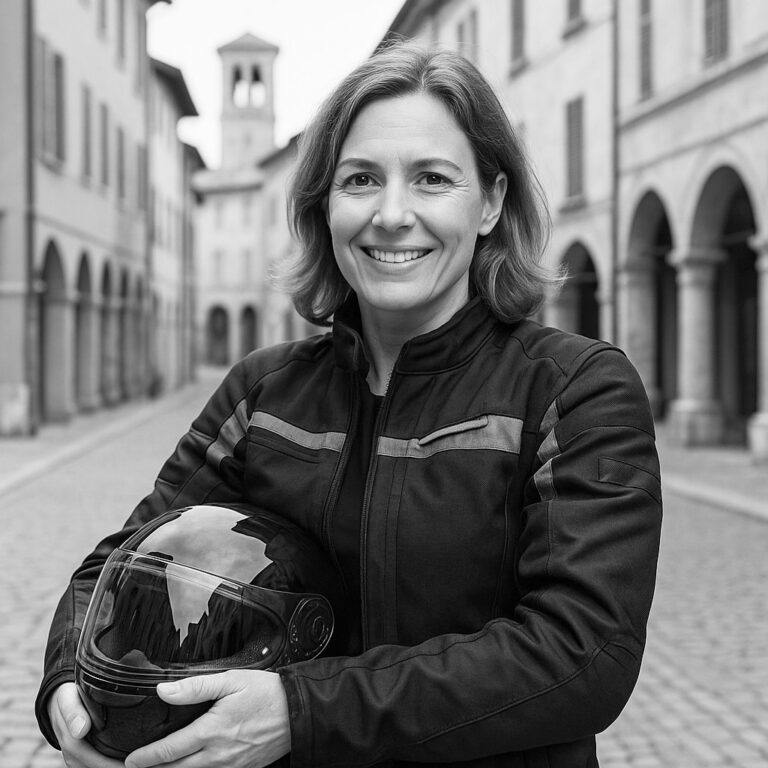 Anna, Motorradfahrerin und Teilnehmerin bei einer MOTO e GUSTO Motorradtour durch die Emilia Romagna