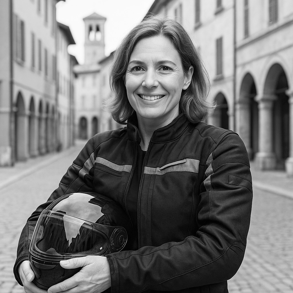 Anna, Motorradfahrerin und Teilnehmerin bei einer MOTO e GUSTO Motorradtour durch die Emilia Romagna