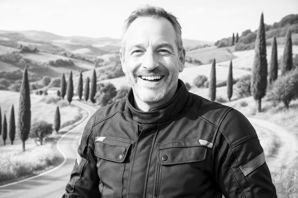 Paul, 48, Motorradfahrer und Teilnehmer einer Moto e Gusto Motorradtour durch die Emilia-Romagna
