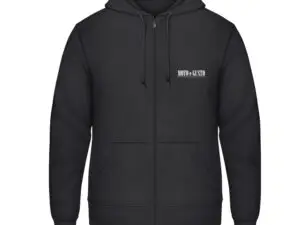 Black zip-up hoodie with a small white 'MOTO e GUSTO' logo on the chest and front pockets.
